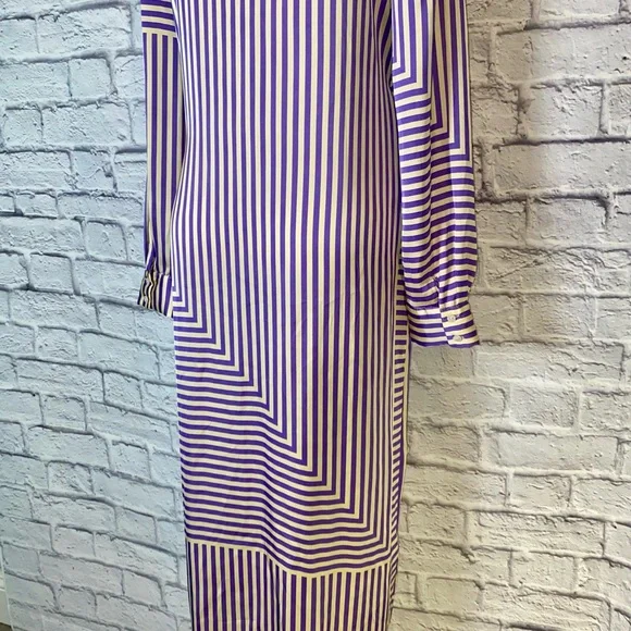 Mango (MNG) Satin Purple & Cream Striped Wrap Dress. Mid Length. Size 8. - Picture 12 of 15
